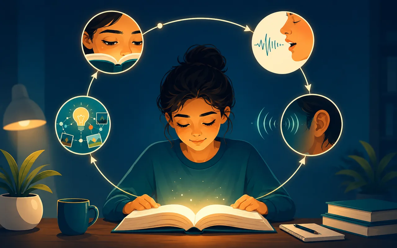 A reader practices aloud while visual cues show seeing, speaking, hearing, and understanding as a loop.