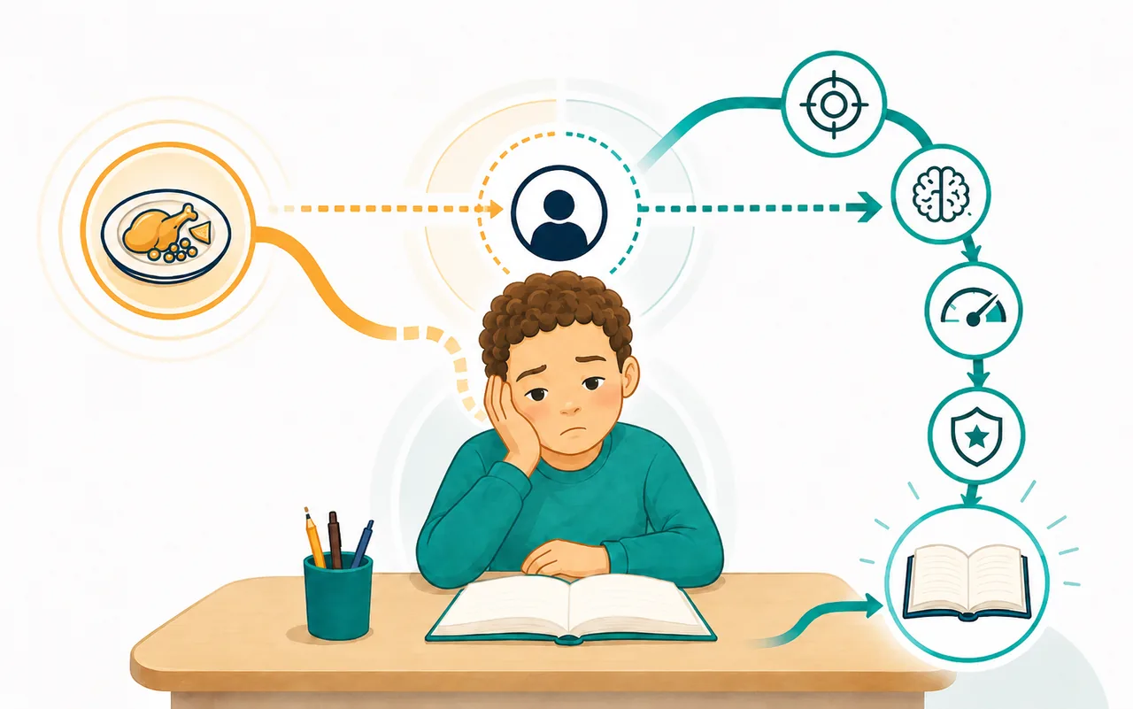 A child studies at a desk while visual pathways show basic needs competing with focus, memory, confidence, and reading.
