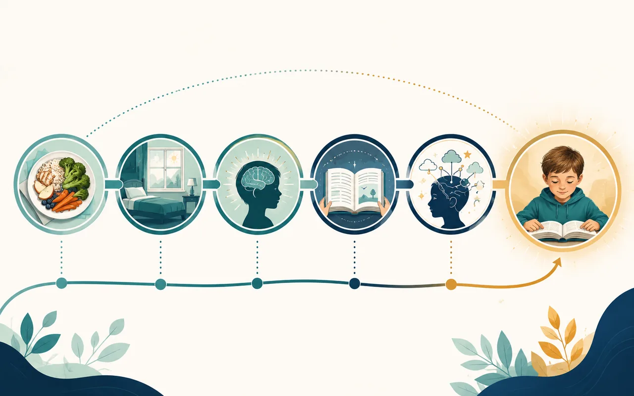 A flow chart connects nourishment, rest, attention, reading practice, comprehension, and confidence.