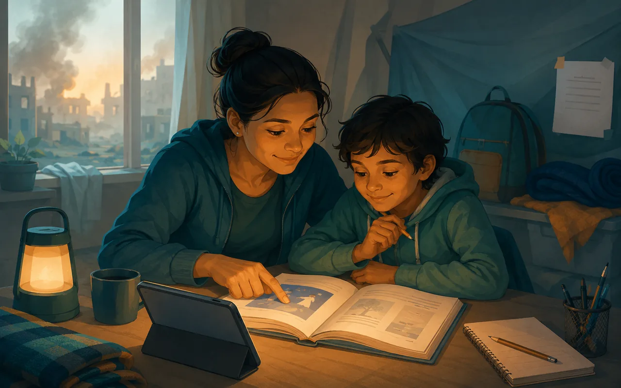 A parent and child read together with a tablet and book during a crisis setting.