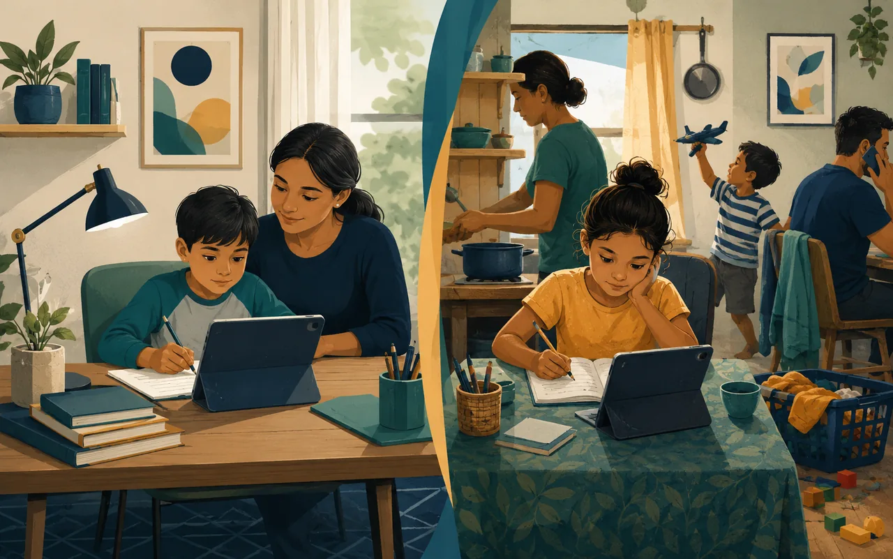 Two home learning scenes show different levels of space, time, and support during school disruption.