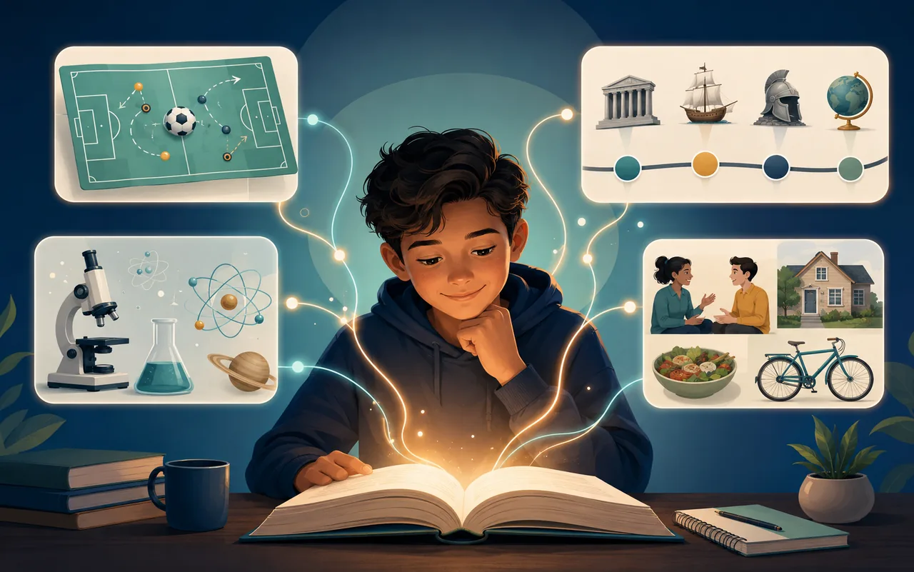 A reader studies an open book while glowing connections link the page to topic knowledge and familiar context.