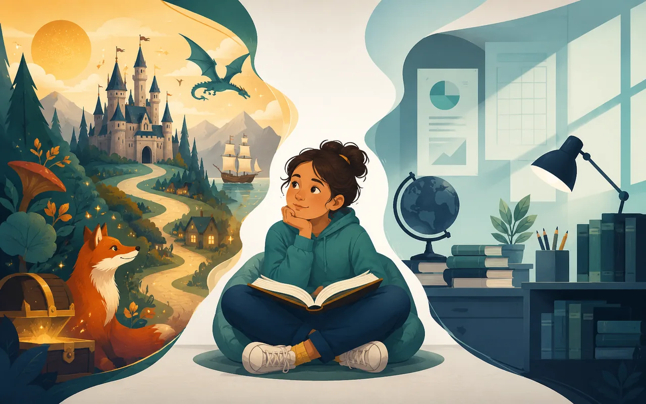 A reader sits between an inviting fantasy reading world and a formal assigned-reading study space.
