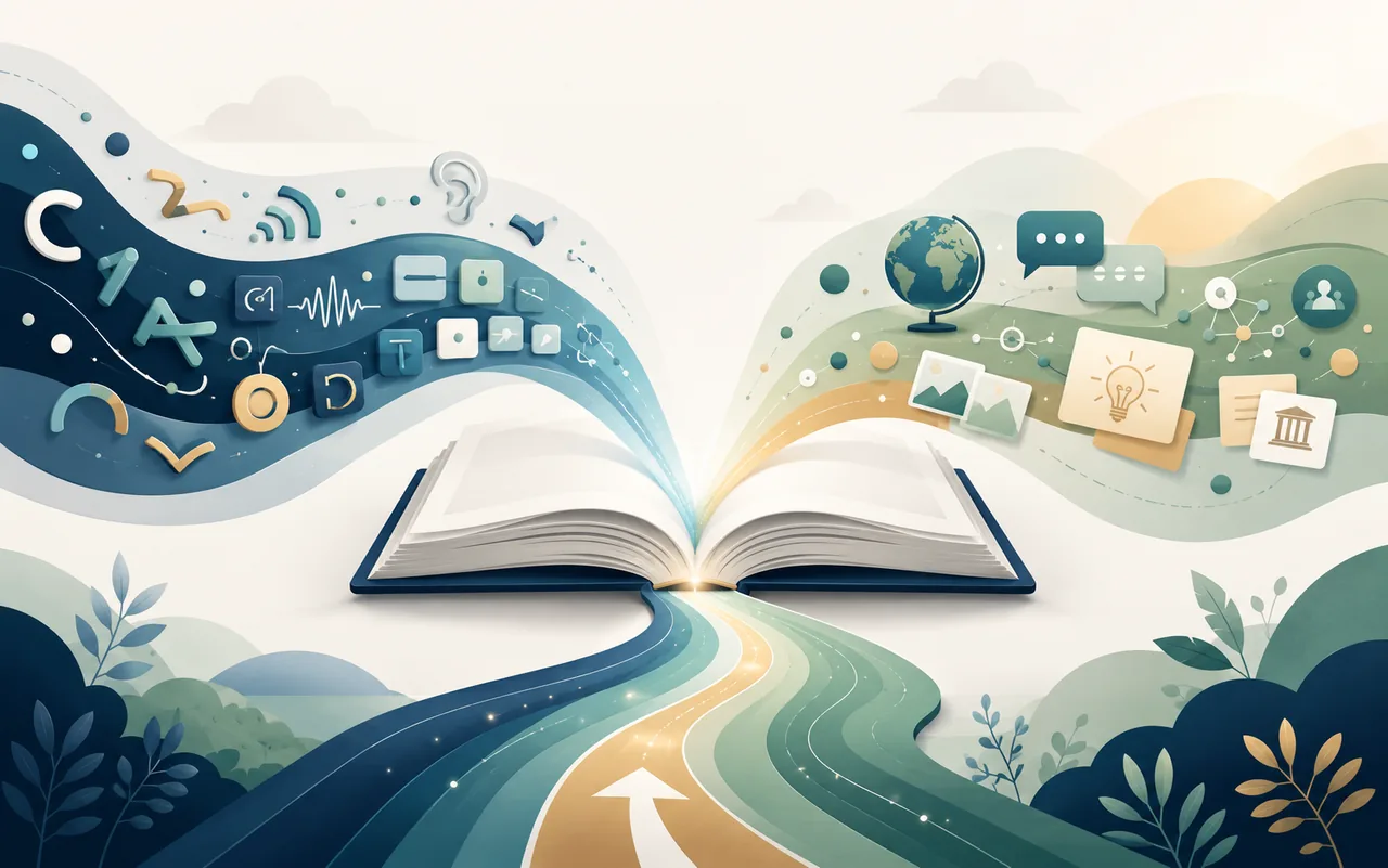 An open book with two streams of symbols and context flowing together into one reading path.