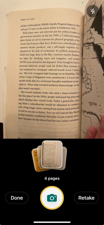 Dr. Read camera capture screen with four scanned pages
